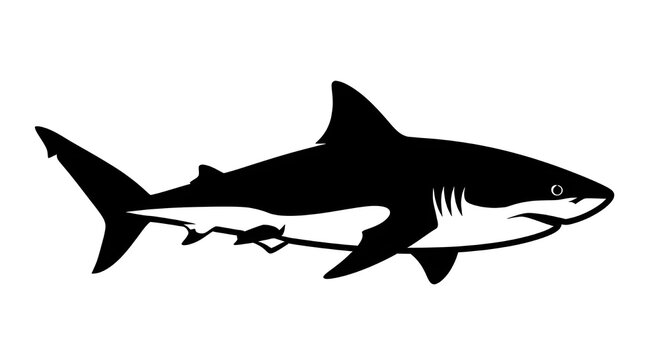 A clean black and white illustration of a shark swimming. Sharp vector silhouette of a marine predator isolated on a white background, perfect for logos and sea life designs.