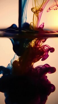 Sundrenched Ink Diffusion Overhead view of tritone inks gently spreading and bleeding across a pristine, textured surface, with the entire scene bathed in a soft golden-hour glow.