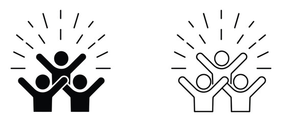 Group happy people icon set featuring party friends, active kids, joy, fun team, enjoyment concepts, happy work friends
