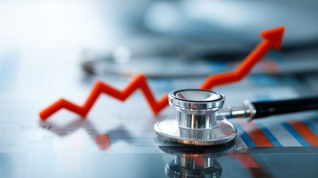 Stethoscope on rising financial chart, healthcare economy and medical finance concept