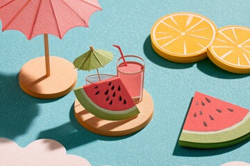 Colorful paper fruit slices and drinks on a blue background.