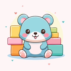 Fototapeta premium Adorable cartoon blue bear character playing with colorful building blocks, surrounded by small hearts, showcasing childhood joy and playful spirit