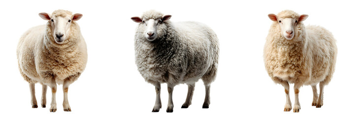 Fototapeta premium Three sheep standing side by side looking forward isolated on a white or transparent background