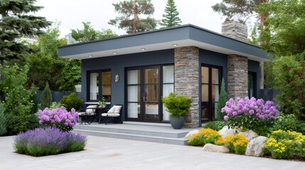 Obraz premium Modern home exterior with beautifully landscaped garden