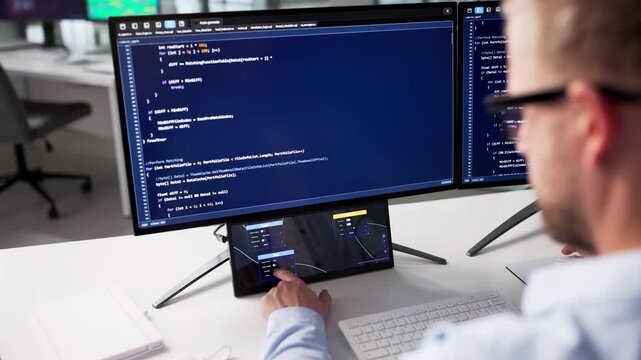 Cyber Security Engineer Man Coding In Office And Using Node Editor