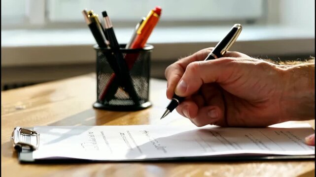 Close-up of a hand signing a document with a pen