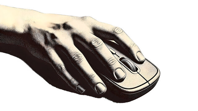 Engraved style image of hand resting on computer mouse over grey checkerboard surface area