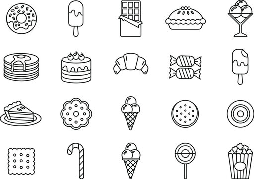 Dessert and candy line icons set featuring donut chocolate ice cream popcorn pie
