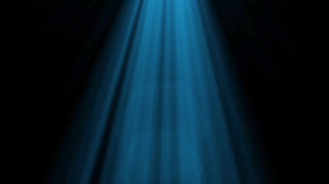 Blue light rays on black background. Skylight animation. Dynamic light lens.