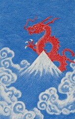 A vibrant red dragon soaring above a snow-capped mountain with swirling clouds