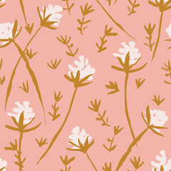 Simple fluffy flowers, leaves and stems as a minimalist retro floral design in colors of off white and brown on a pink background. Vintage floral seamless vector pattern. Great for home decor, fabric.