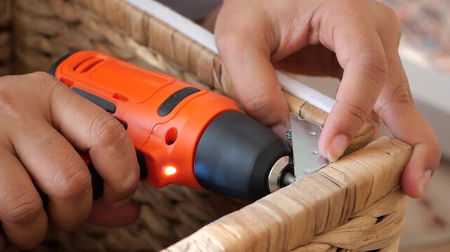 Close up of hands using electric screwdriver to attach metal bracket to wicker furniture corner