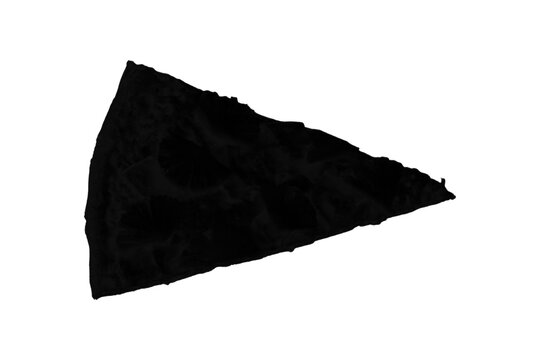 Black triangular fabric or paper cutout displayed against a white background