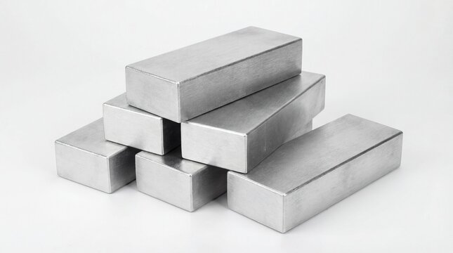 Industrial steel bars stacked on white background, heavy metal ingots for manufacturing, solid aluminum blocks for construction and engineering
