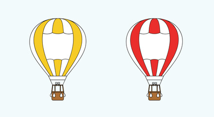 Obraz premium Two colorful hot air balloons, one yellow and white and one red and white, floating against a light blue background.