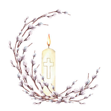 Burning candle with golden Cross against of pussy willow branches circle frame. Religious Easter Watercolor hand drawn illustration on isolated white background for Palm Sunday, baptism, spring card.