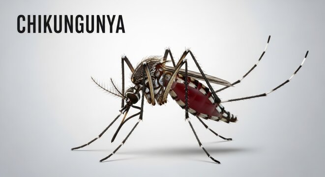A close-up view of a mosquito with a red and white spotted body, known to transmit Chikungunya virus.