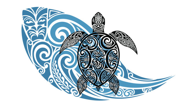 Intricate Polynesian style sea turtle illustration integrated with traditional Maori tribal wave patterns in a beautiful blue and black design.