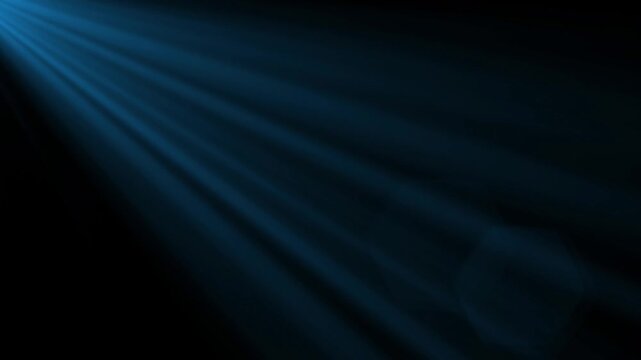 Blue light rays on black background. Skylight animation. Dynamic light lens.