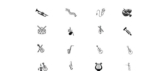Music Instrument Bundle: Hand-Drawn Trumpet, Violin, Saxophone, Drum, Guitar, Bagpipe, Lyre, Clarinet, Music Notes Doodle Sketch Vector Icon Clipart Set Collection © Rabia