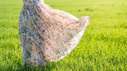 Woman in floral dress walking in green grass field on sunny day with flowing skirt