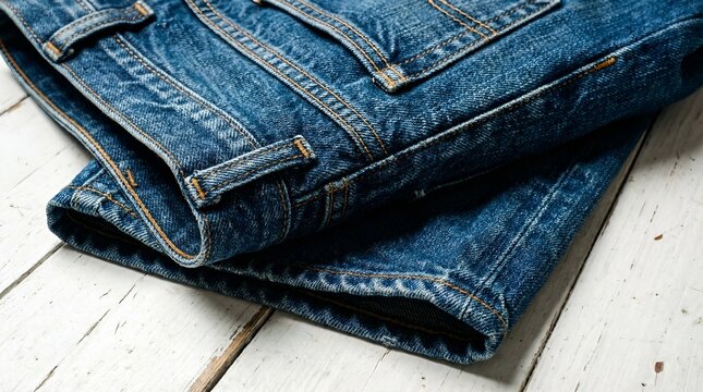 Folded blue jeans on white wooden background casual clothing denim fashion