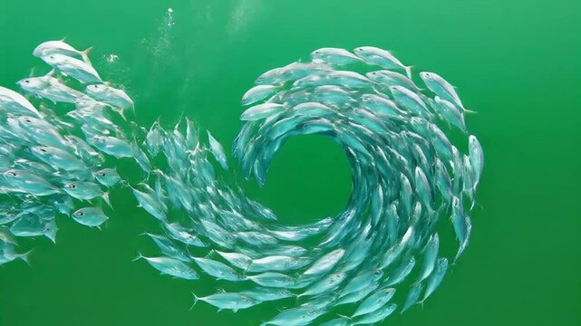 School of small silver fish swimming together in a curved formation underwater in green water