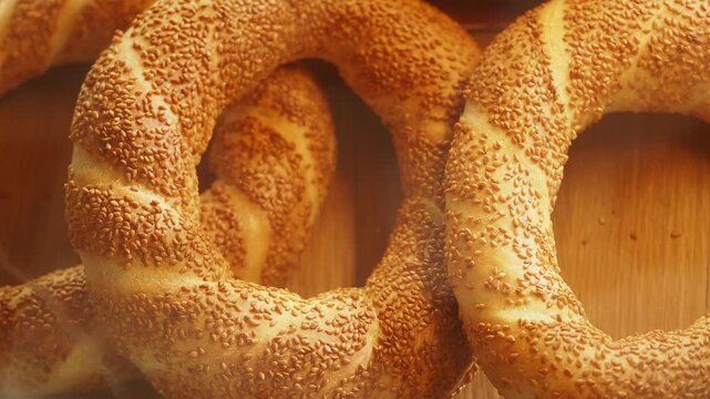 Close up aerial view of Turkish simit bread covered in sesame seeds