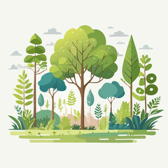 Obraz premium Diverse array of lush green trees and plants in a vibrant landscape illustration