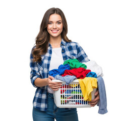 A young woman holding a laundry basket filled with colorful clothes isolated on transparent background
