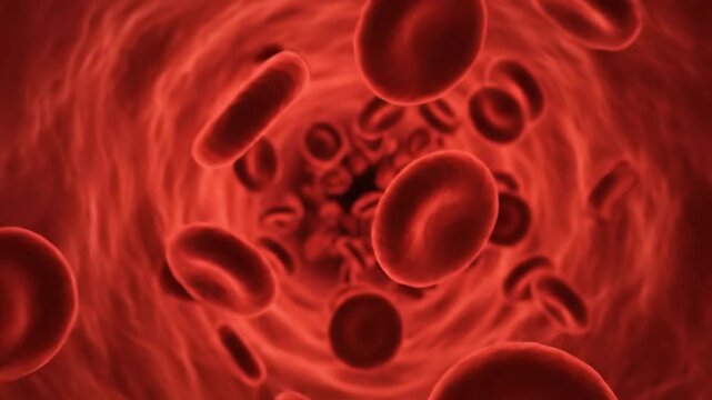 Advanced 3D biomedical render of erythrocytes flowing inside capillary vessel interior microscopic cinematic macro shot immersive point of view traveling within bloodstream realistic red blood cell mo