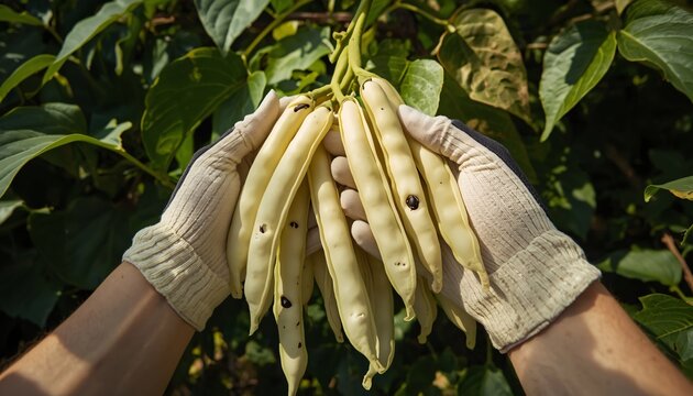 Hands Wearing Garden Gloves picking Lobia (Black-eyed Peas)