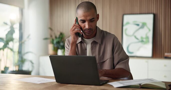 Phone call, paperwork and business man on laptop for consulting, feedback and client portfolio. Office, documents and person on smartphone for conversation, talking and communication for proposal