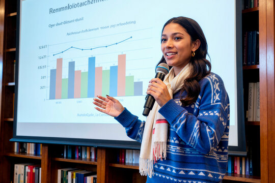 Young adult Hispanic woman presenting data with microphone, gesturing toward projected bar chart during business or academic presentation, bookshelf background visible