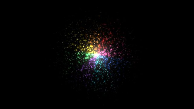 Particles radiate outward from a bright center against black