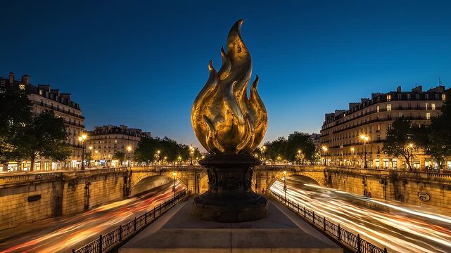 Golden Flame Statue on Bridge at Dusk.