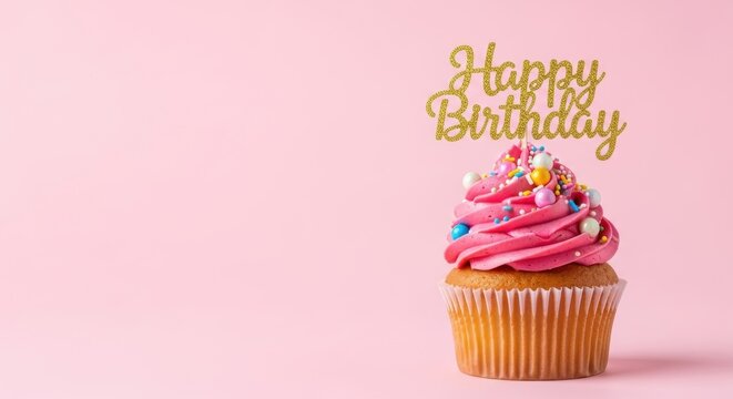 Vibrant birthday cupcake with pink frosting, sprinkles, and 'happy birthday' topper on a cheerful pink background.