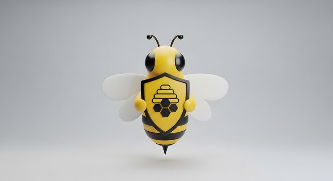Stylized bee character holding shield with beehive symbol on gray background