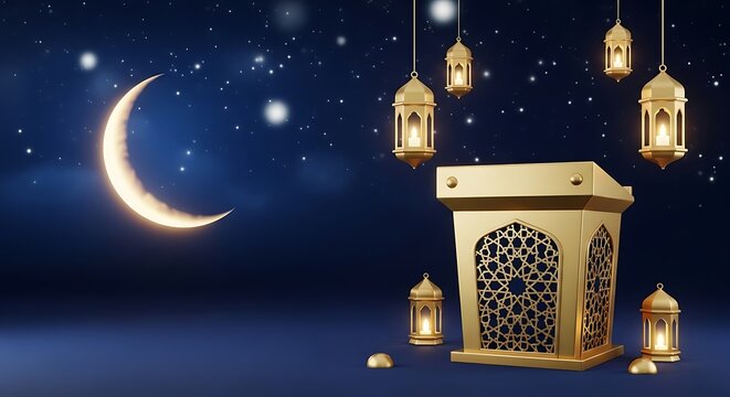 Golden crescent moon shines over a beautifully illuminated Islamic geometric patterned pedestal adorned with ornate lanterns, evoking a serene Ramadan night atmosphere. ramadan