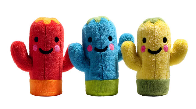 Colorful hand puppets shaped like sesame street characters sitting on a surface.