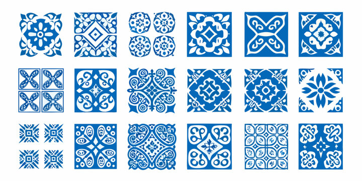 Collection of blue and white patterned ceramic tile designs