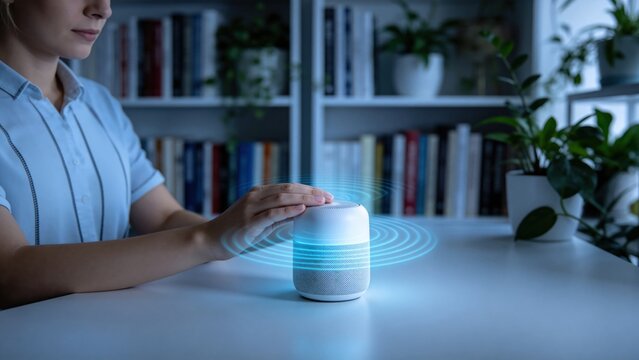 Woman using smart speaker at home with blue sound waves,voice assistant technology and wireless audio control concept in modern living room environment