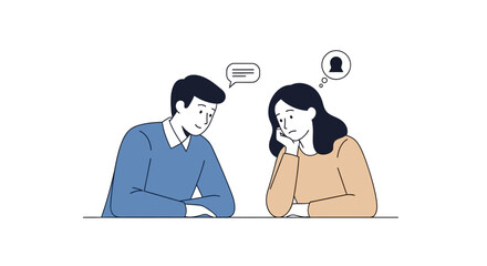 Fototapeta premium Man talking animatedly to a sad or bored woman in a counseling session, emotional communication, flat vector art.
