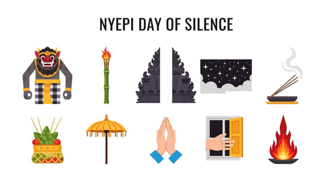 Nyepi Day of Silence icons monster torch temple gate night sky incense offering umbrella praying hands window fire