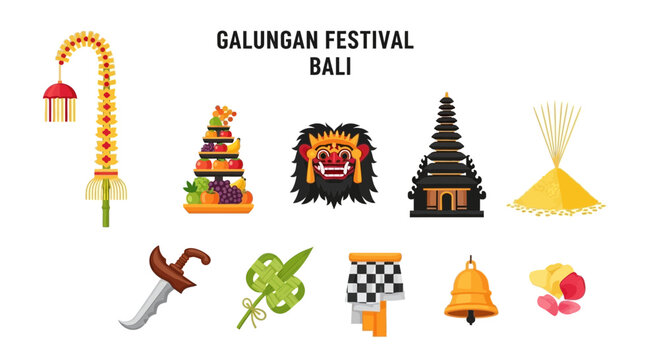 Flat icons representing elements of the Balinese Galungan Festival