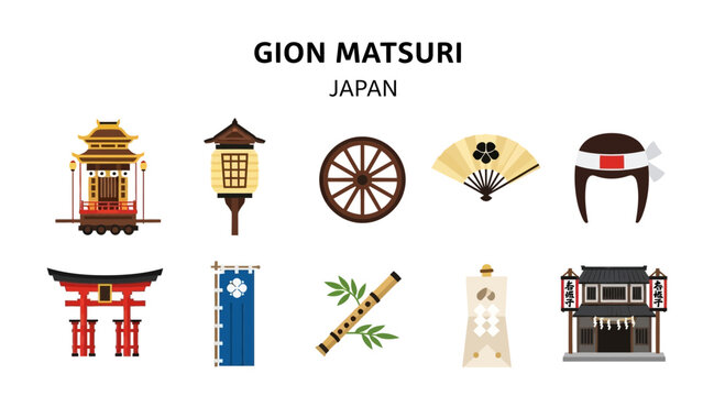 Illustration set depicting ten icons related to the Gion Matsuri festival in Japan
