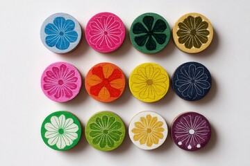 Assorted colorful crocheted doilies arranged in a grid pattern on a white background