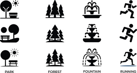 Fototapeta premium Park, Forest, Fountain, and Running Activity Vector Icon Set for Outdoor Recreation, Nature Landscapes, Fitness Tracking, and Urban Parks.