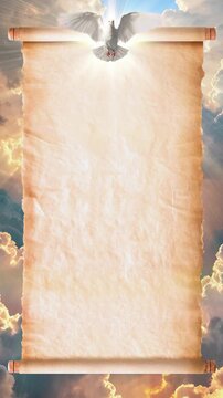 White Dove Heavenly Skies Biblical Ancient Scroll, Text Space, 4K Vertical Background Template