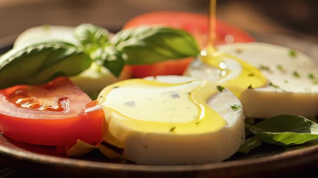 Drizzling Olive Oil on Fresh Caprese Salad